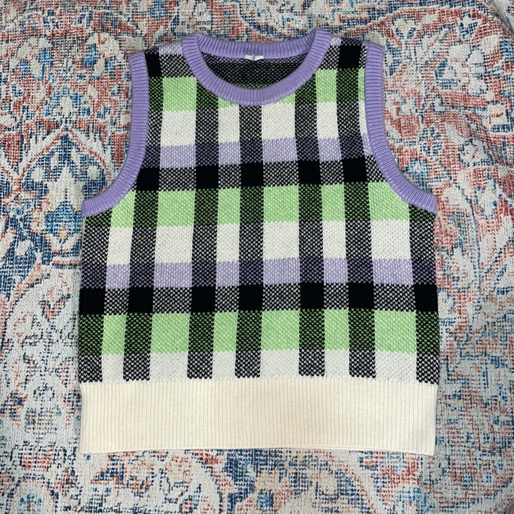 Arket Green, Lavender & Black Plaid Knit Sweater Vest